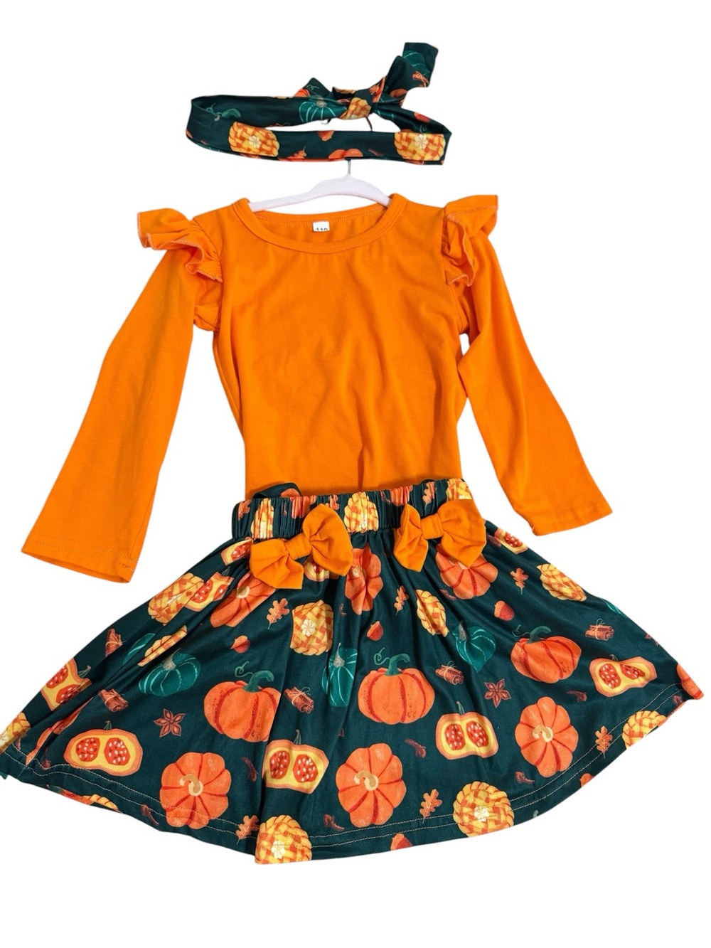 Boutique 3PC Pumpkin Fall Outfit Set Suspender Skirt Top Headband EUC